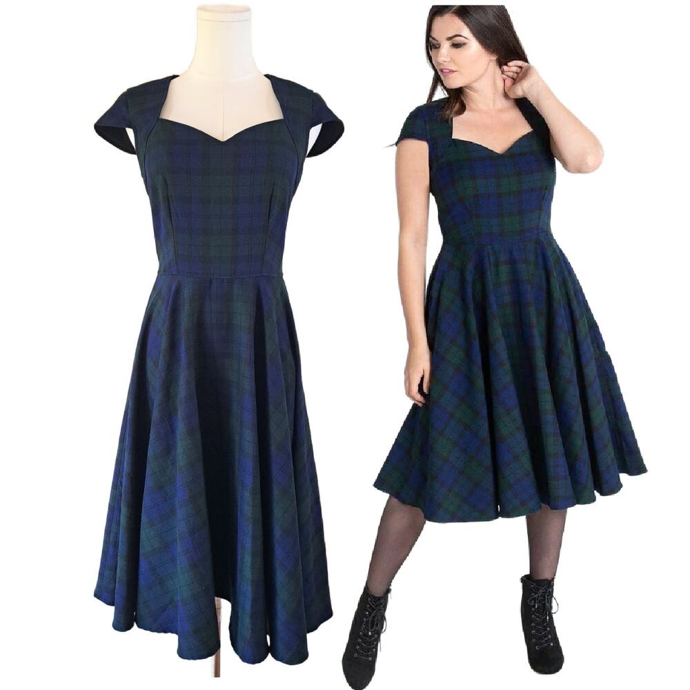 Hell Bunny Aberdeen Plaid Swing Dress XS Blue Green Tartan 50s Rockabilly Retro